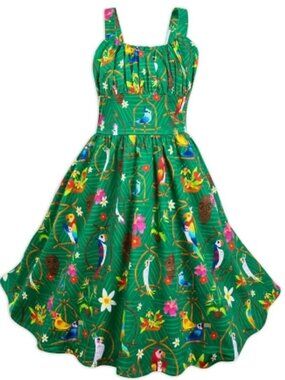 Tiki Room Summer Dress Fitted Circle Skirt Disneyland Green Tropical Size L